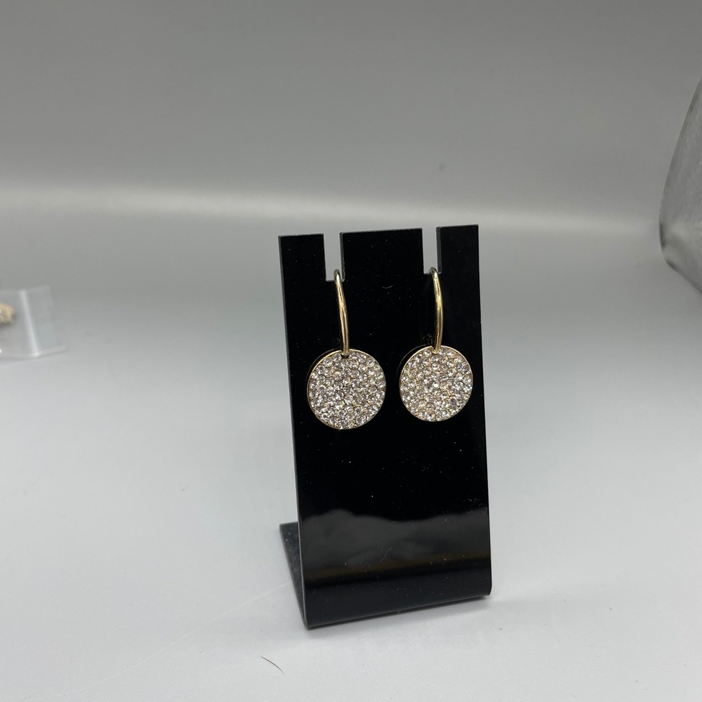 Gold Tone Pave Crystal Disc Drop Earrings French Hook Wire Round Dangle